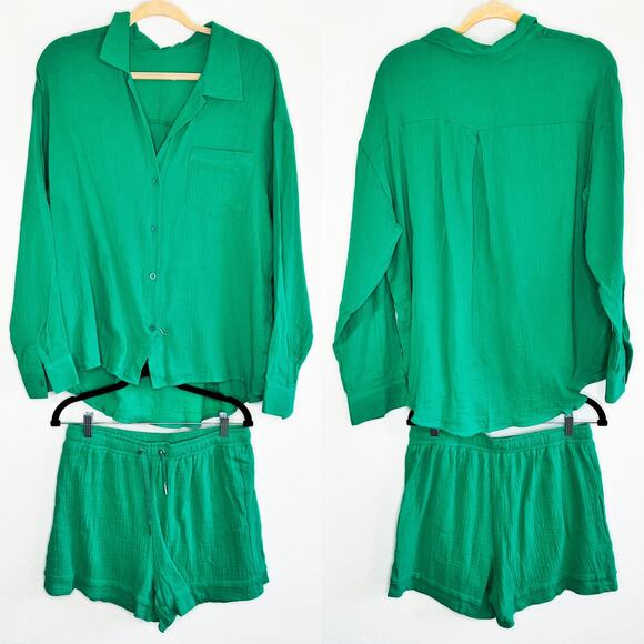 NWOT Amazon Two Piece Long Sleeve Button Down Shirt and Shorts Matching Set Lg - Picture 3 of 16